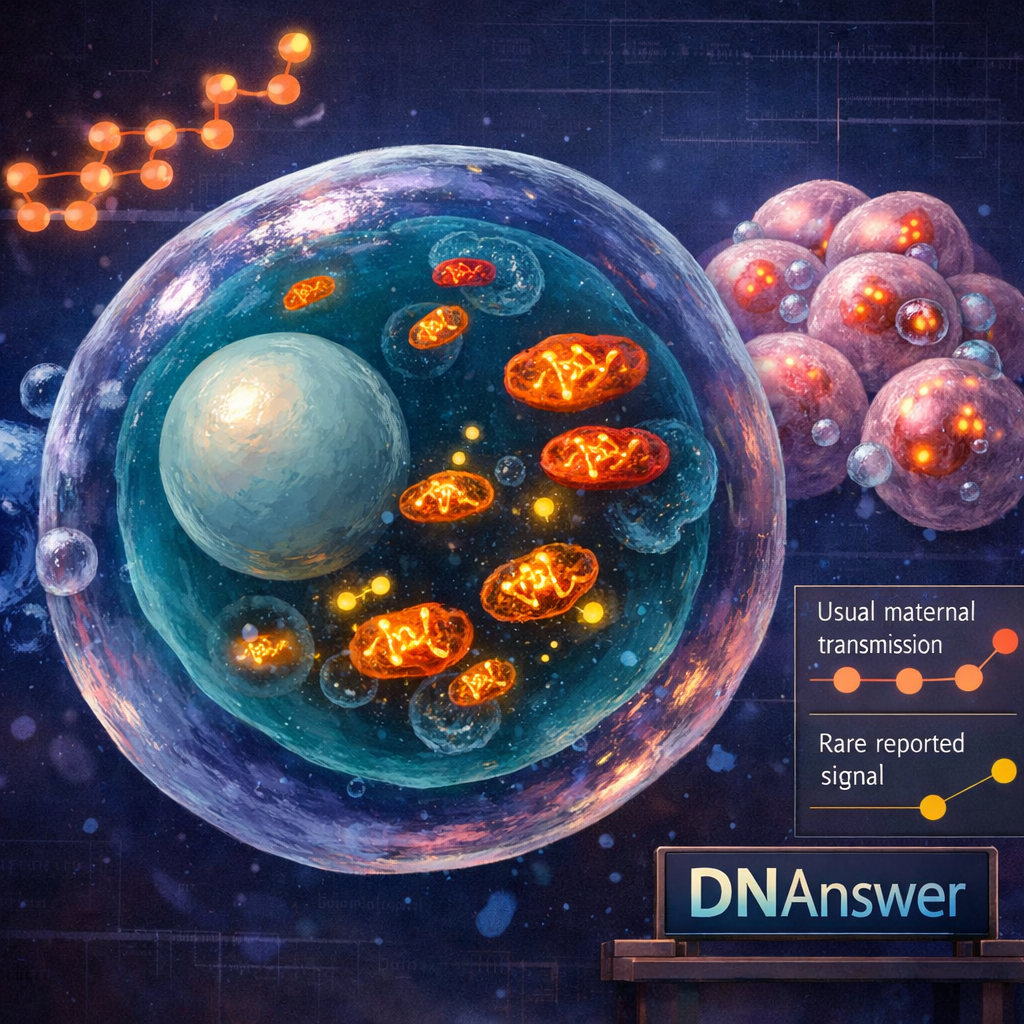 Painterly fertilized human egg showing rare paternal mitochondrial signals, maternal lineage, mitophagy vesicles, and mitochondrial DNA strands.