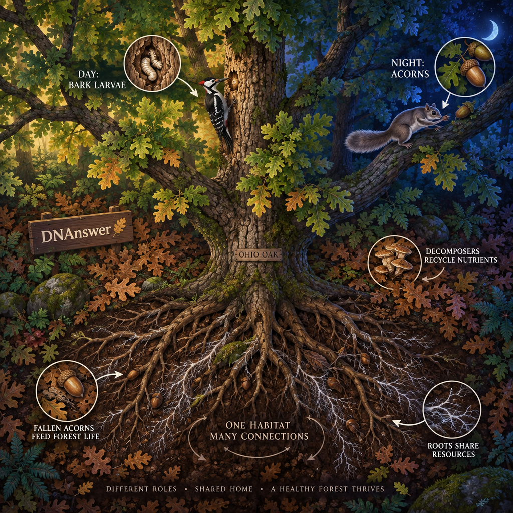 Bird’s-eye oak ecosystem diagram shows a daytime woodpecker eating bark larvae and a blue-tinted flying squirrel gathering acorns at night, illustrating niche definition in biology.