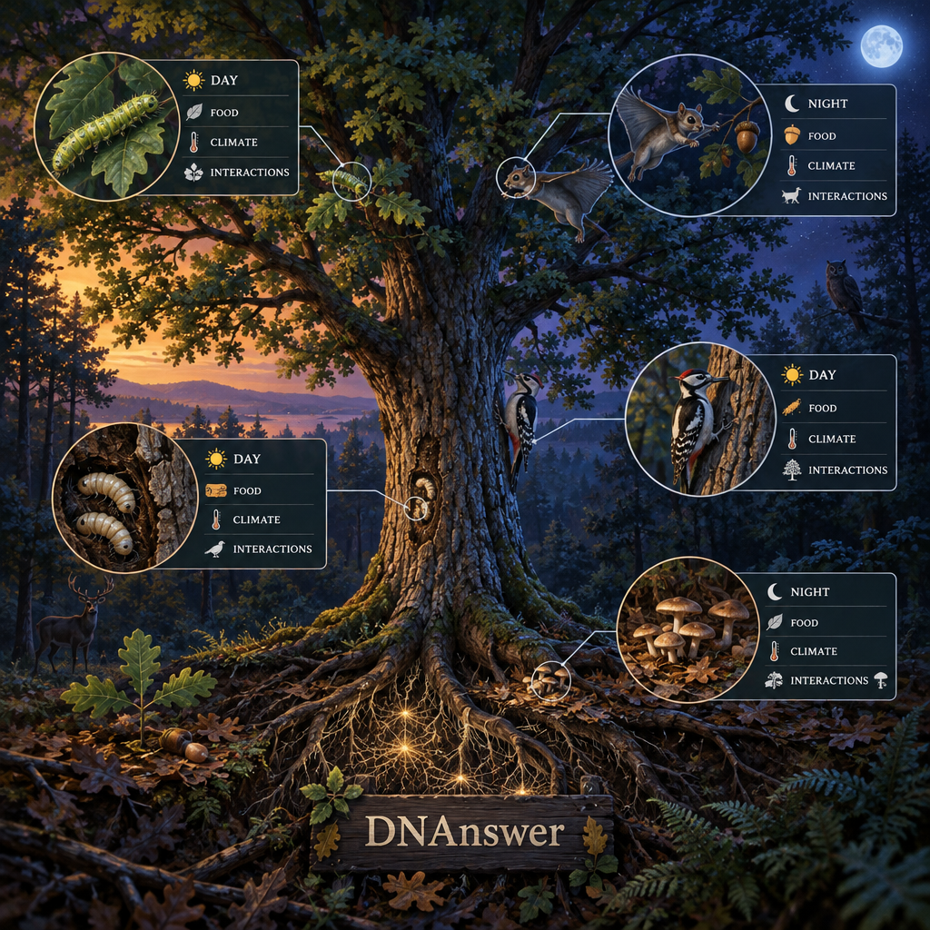 Twilight oak ecosystem shows a flying squirrel, woodpecker, caterpillar, beetle larvae, and fungus in distinct niches; niche definition in biology.