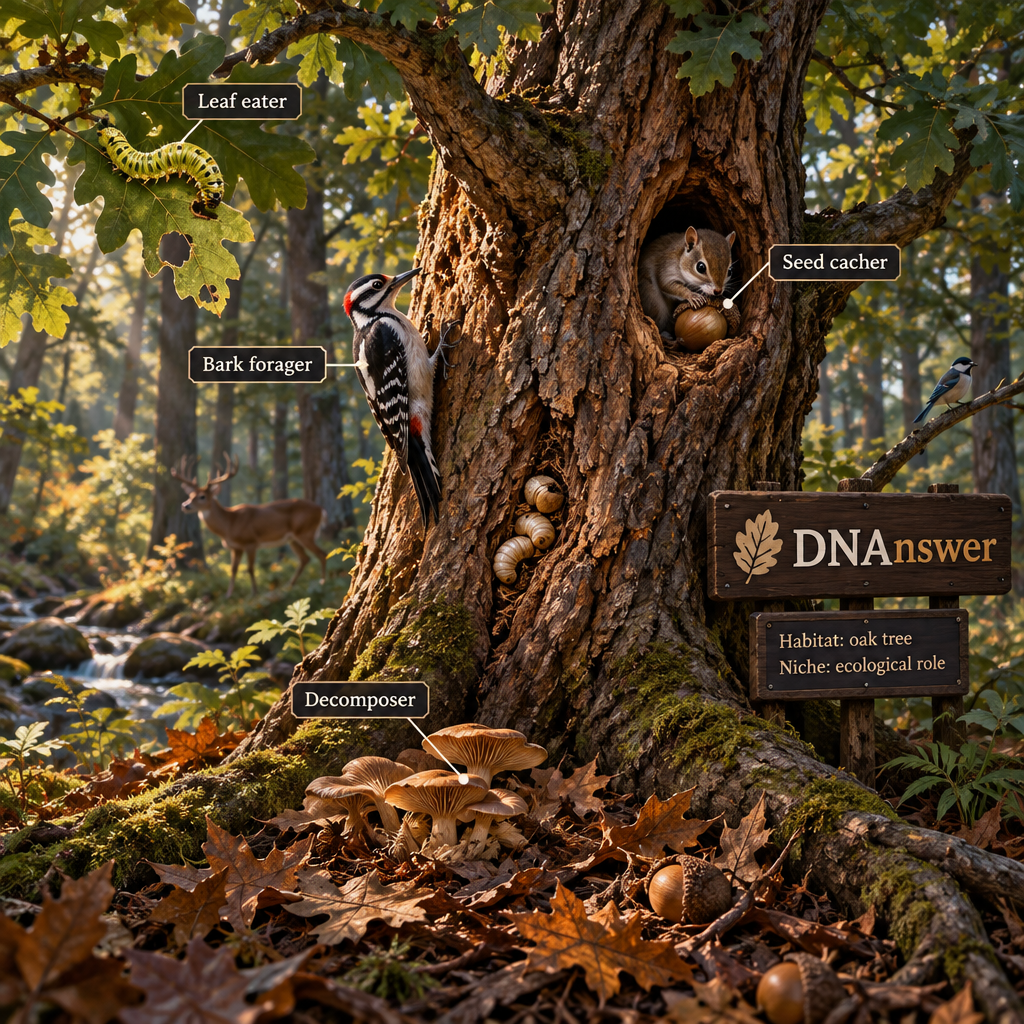 Ohio oak with woodpecker, caterpillar, squirrel, beetle larvae, and fungi, labeled by role to illustrate niche definition in biology.