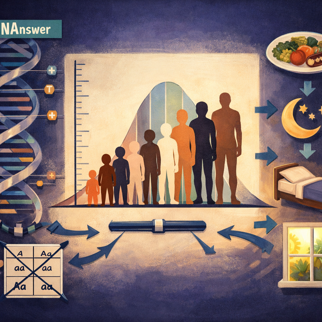Overhead genetics tableau showing polygenic inheritance polygenic traits quantitative traits genetics multiple genes, DNA, environments, and height variation.