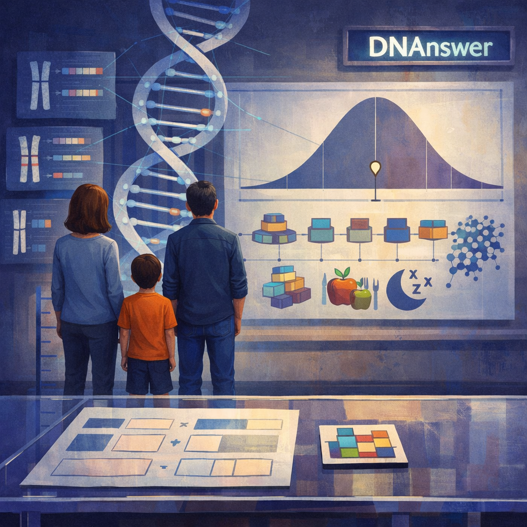 Family beside DNA, chromosomes, bell curve, and data charts illustrating polygenic inheritance polygenic traits quantitative traits genetics multiple genes.