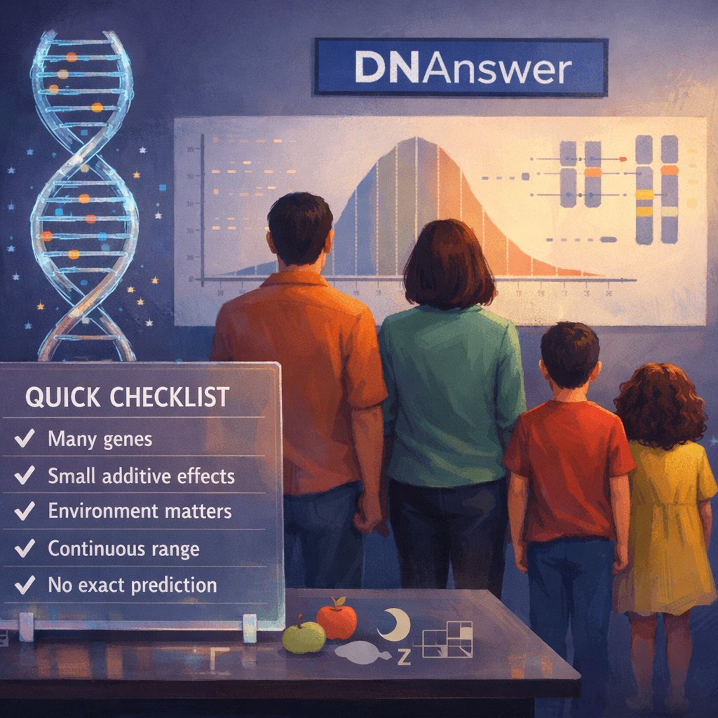 Family beside height scale, DNA, bell curve, and checklist explaining polygenic inheritance polygenic traits quantitative traits genetics multiple genes.