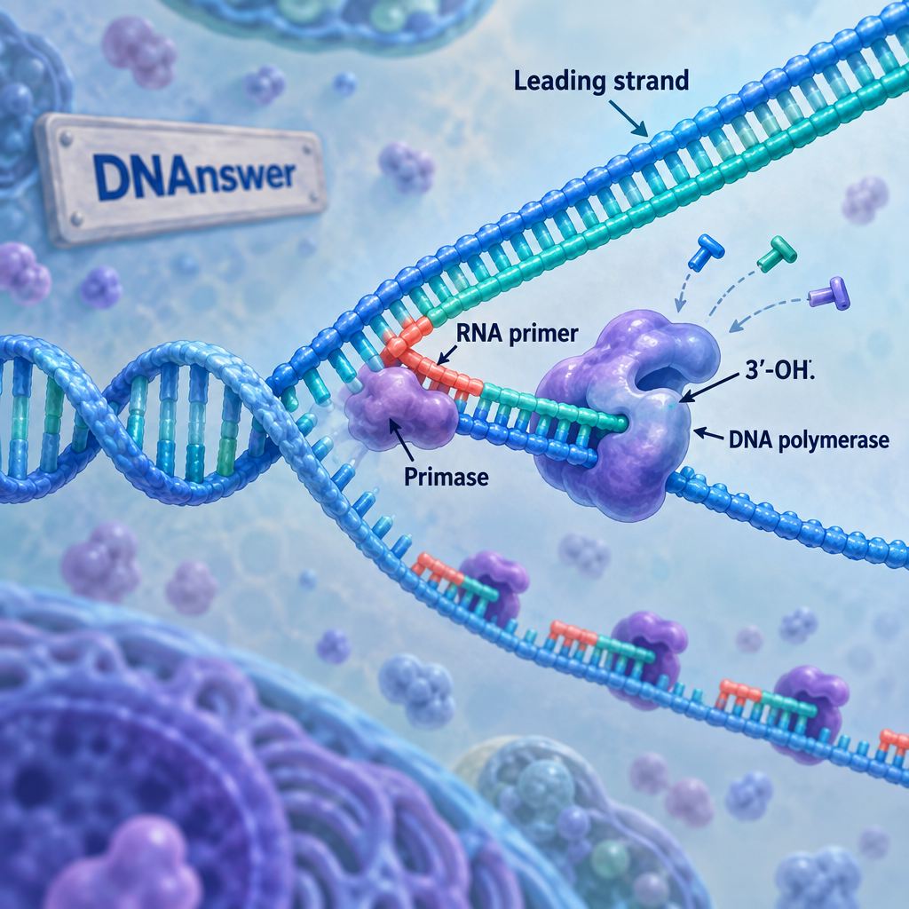 DNA replication fork showing a continuous leading strand, coral RNA primer, primase enzyme, DNA polymerase, and 3′-OH; primer DNA replication RNA primer function DNA polymerase primer