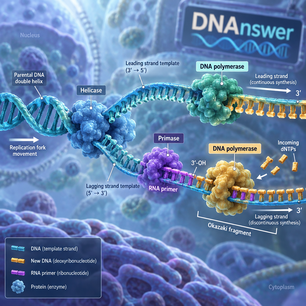 DNA replication fork: primase lays an RNA primer; DNA polymerase extends it with DNA, illustrating primer DNA replication RNA primer function primase enzyme DNA polymerase primer.