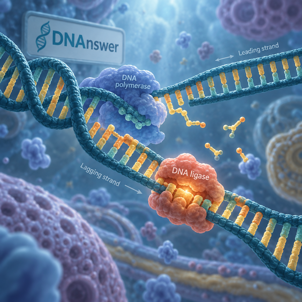 DNA ligase seals a nick between fragments at a replication fork; nearby, DNA polymerase replaces the RNA primer. Primer DNA replication RNA primer function primase enzyme DNA polymerase primer
