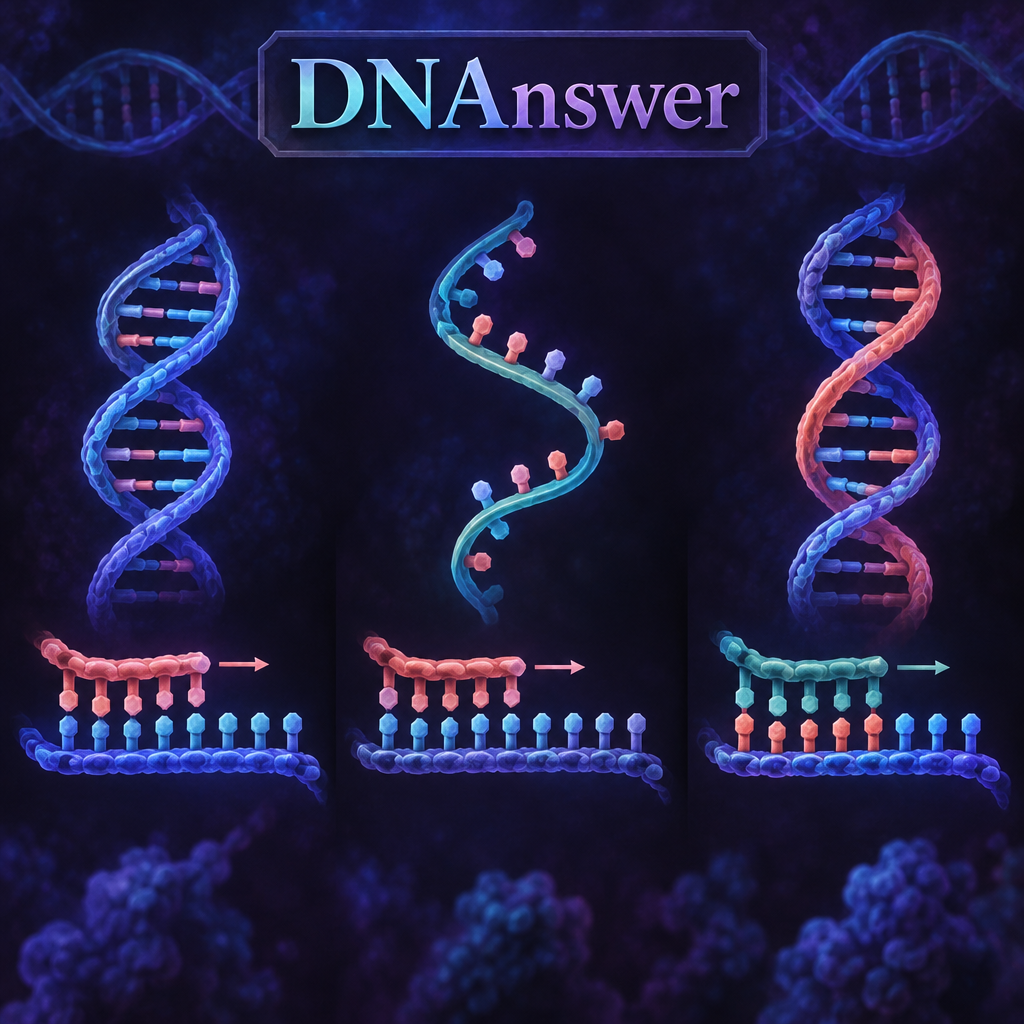 Primer molecular biology comparison: DNA replication, transcription, and reverse transcription strands with molecular structures and extension arrows.