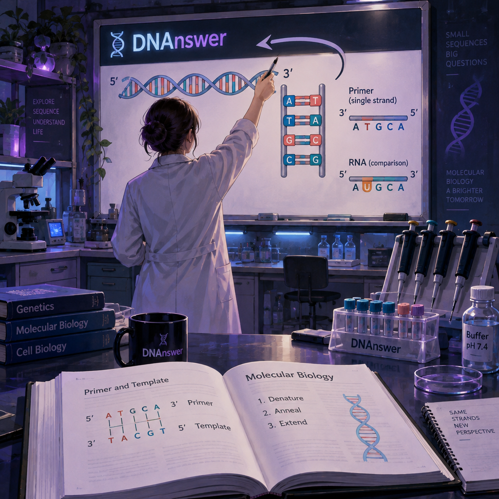Student traces a reversed DNA arrow beside primer molecular biology diagrams, an RNA strand, and an open textbook in a lab.