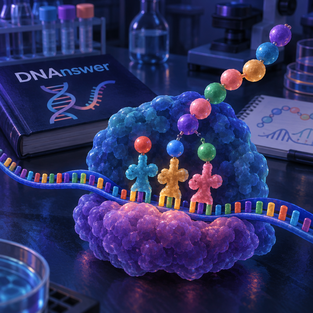 Ribosome reads blue mRNA as tRNAs deliver amino acids to build a protein in a lab; textbook captioned primer molecular biology.