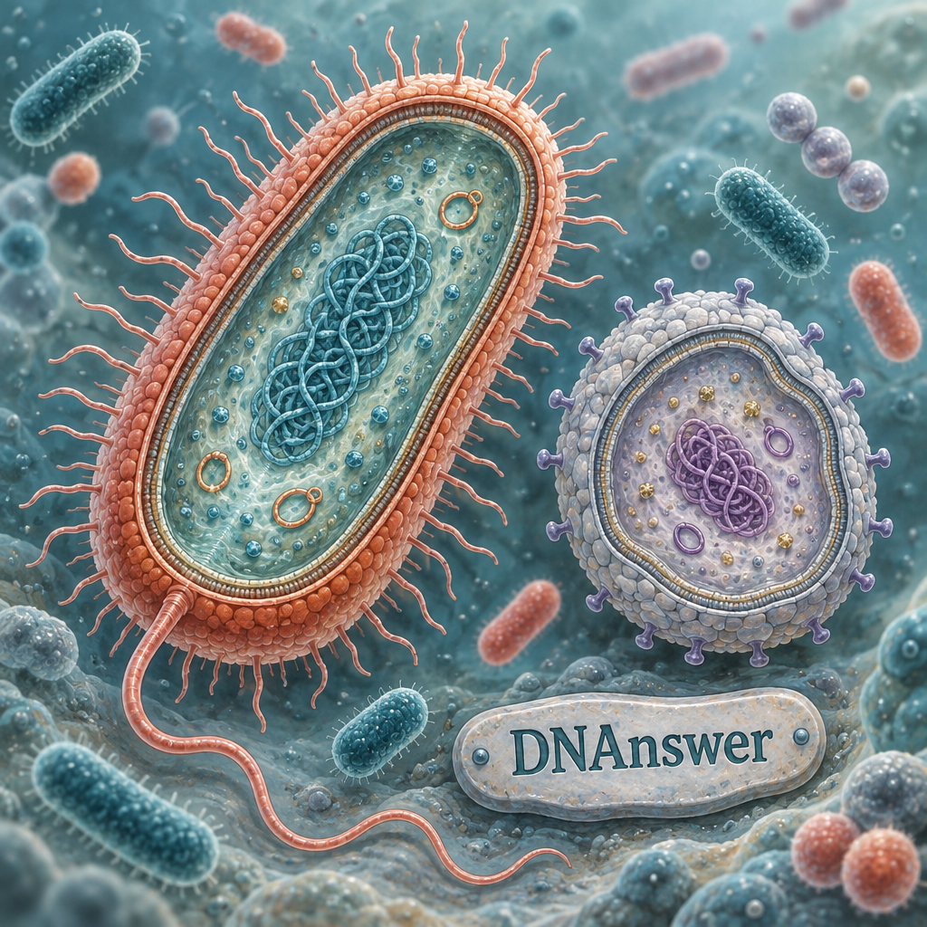 Overhead cutaway of a bacterial and archaeal prokaryotic cell in biology, showing distinct structures side by side with smaller microbes nearby.