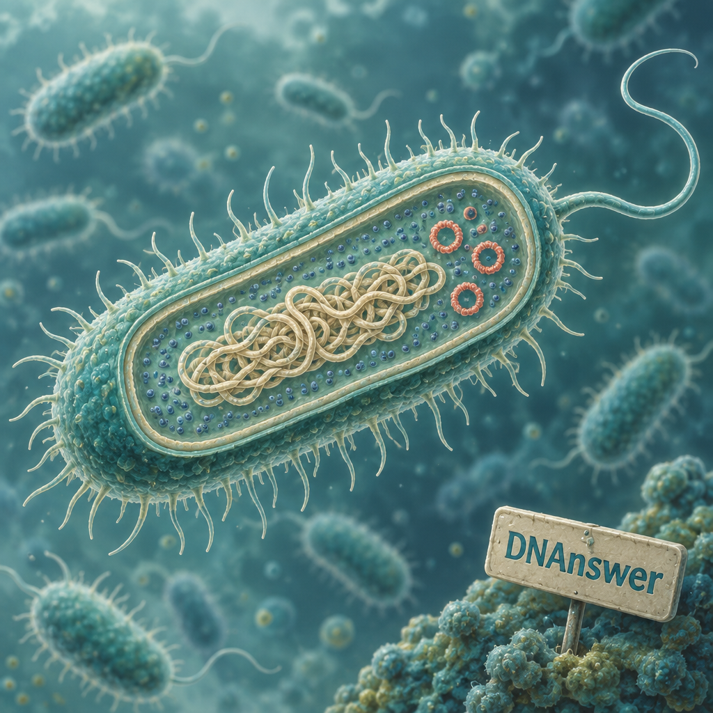 Cutaway of a teal rod-shaped prokaryotic cell in biology, showing coiled DNA, plasmids, ribosomes, pili, and a flagellum.
