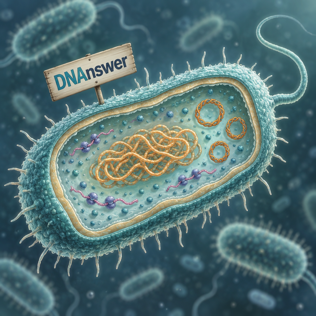 Cutaway of a prokaryotic cell in biology, showing coiled DNA, plasmids, ribosomes, pili, and flagellum in a cool teal microscopic scene.