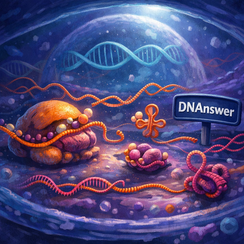 Illustrated cell showing DNA, diverse RNA forms, ribosome, mRNA, miRNA, tRNA and non-coding RNA biology roles.