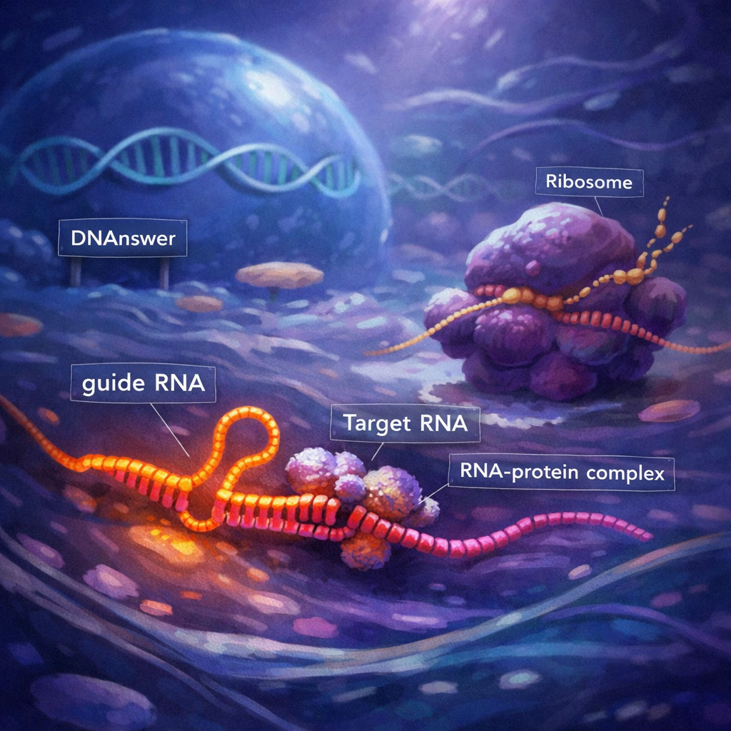 Guide RNA pairs with target RNA in a glowing cell beside DNA and ribosome; RNA functions biology mRNA miRNA tRNA, non-coding RNA RNA biology roles
