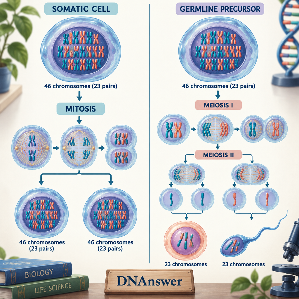 somatic cell mitosis produces two 46-chromosome cells; meiosis forms egg and sperm gametes with 23 chromosomes each.