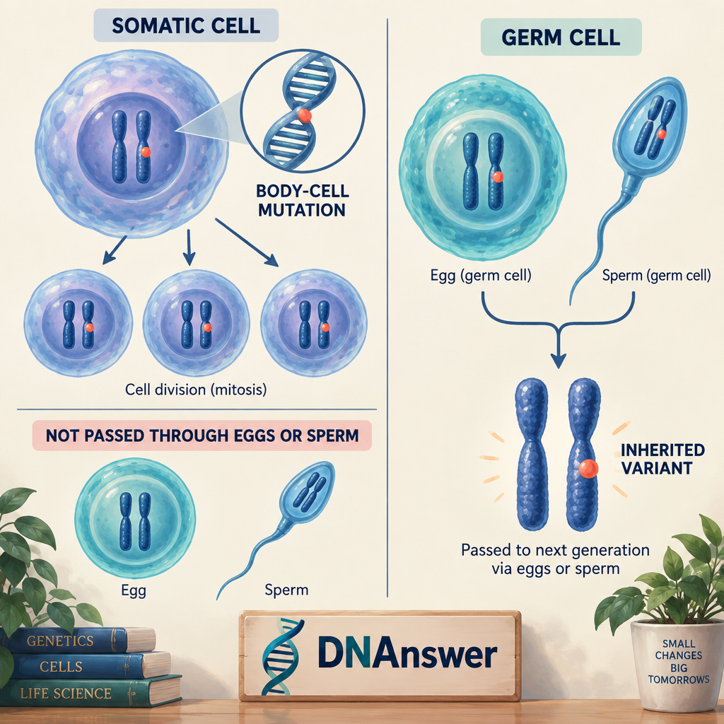 Biology diagram contrasts somatic cell mutations, not passed through eggs or sperm, with inherited variants in germ cells.
