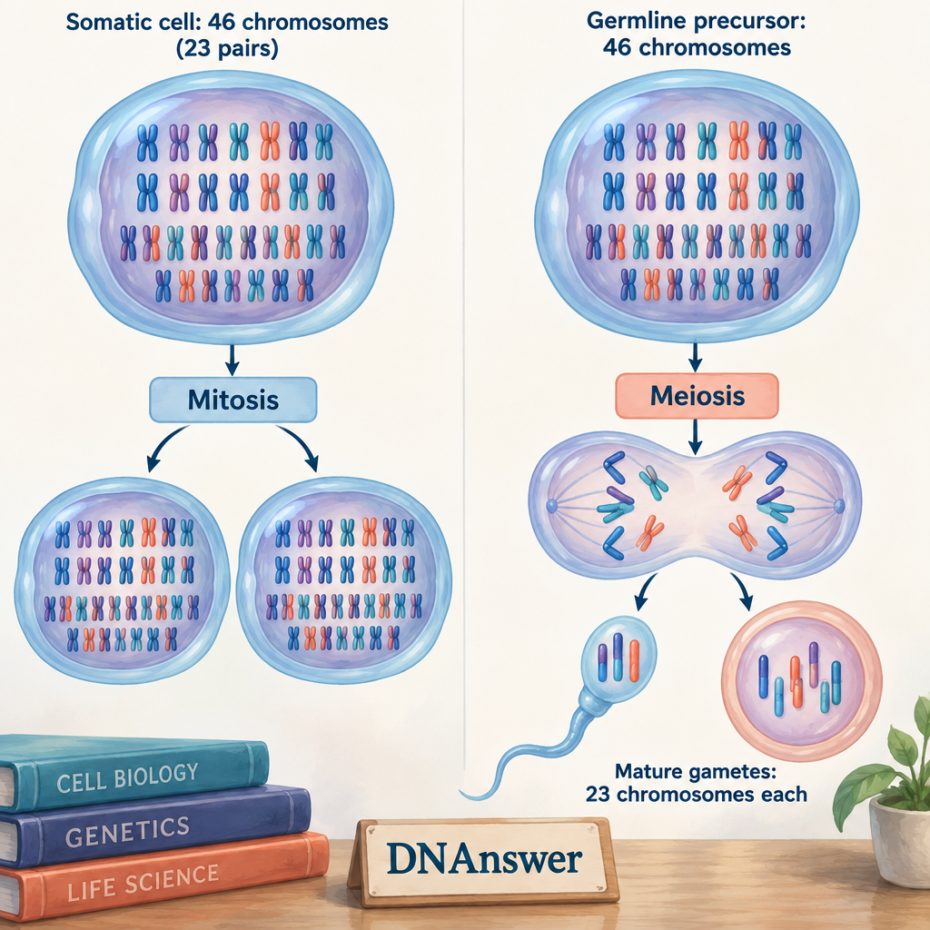 Somatic cell mitosis preserves 46 chromosomes in two daughter cells; meiosis produces sperm and egg cells with 23 each.