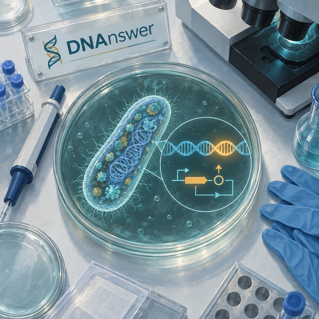Overhead lab flat lay with an intact bacterium in a petri dish beside a DNA diagram, suggesting synthetic biology.