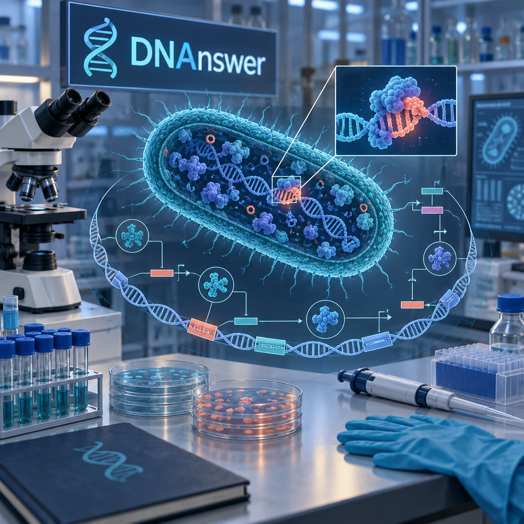 Illustrated microbiology lab with a bacterial cell, CRISPR protein bound to DNA, and a broader synthetic biology map amid lab tools.