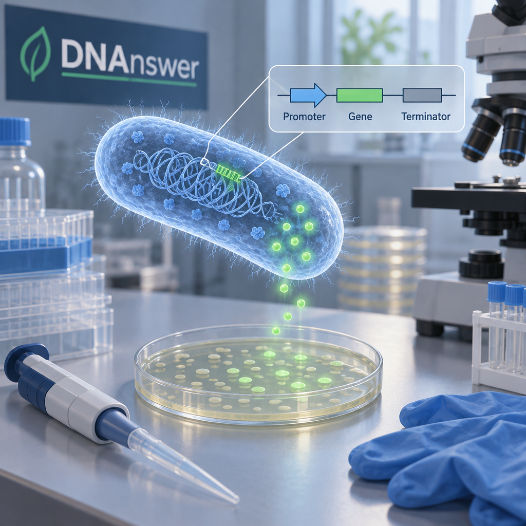 Painterly microbiology bench with a glowing bacterial cell, genome, and genetic circuit illustrating synthetic biology.