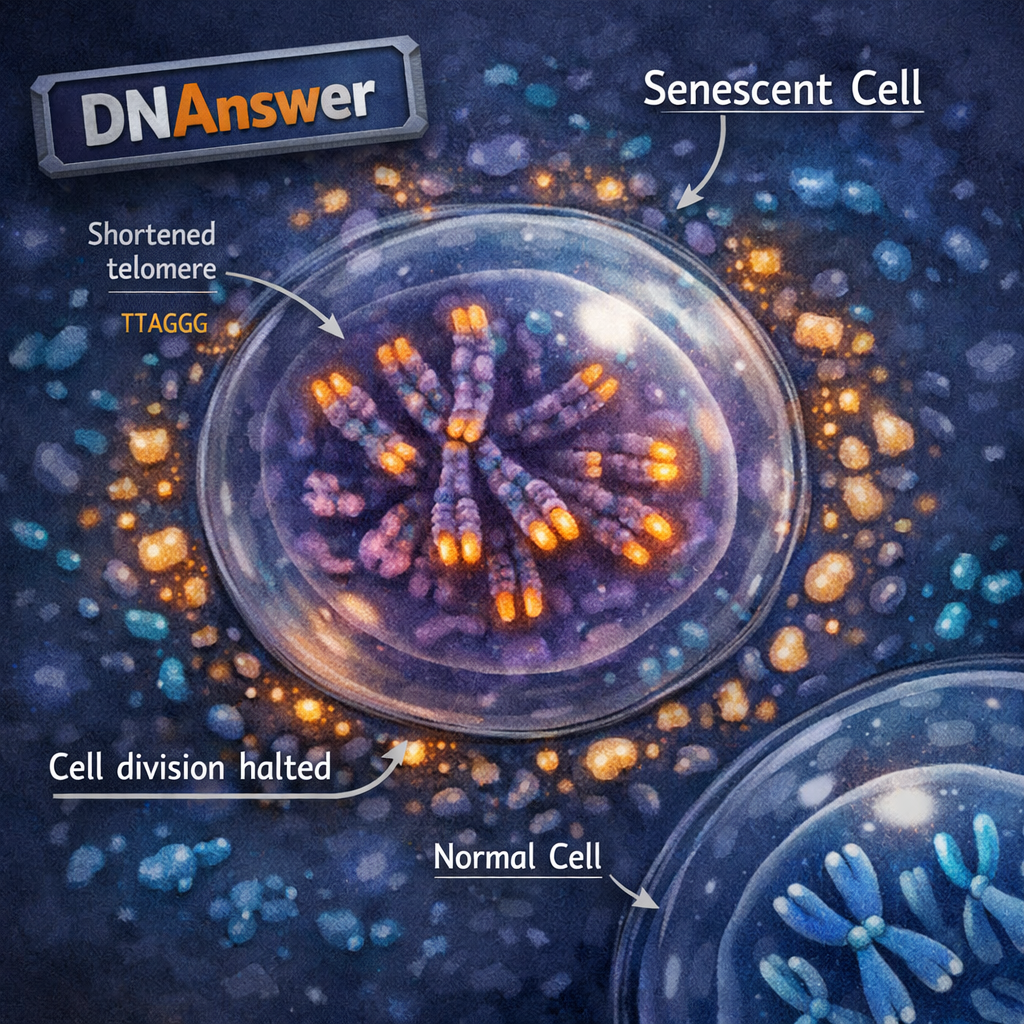 Overhead scientific illustration of a senescent cell with shortened amber telomeres, neighboring healthy cell, and telomere aging annotations.