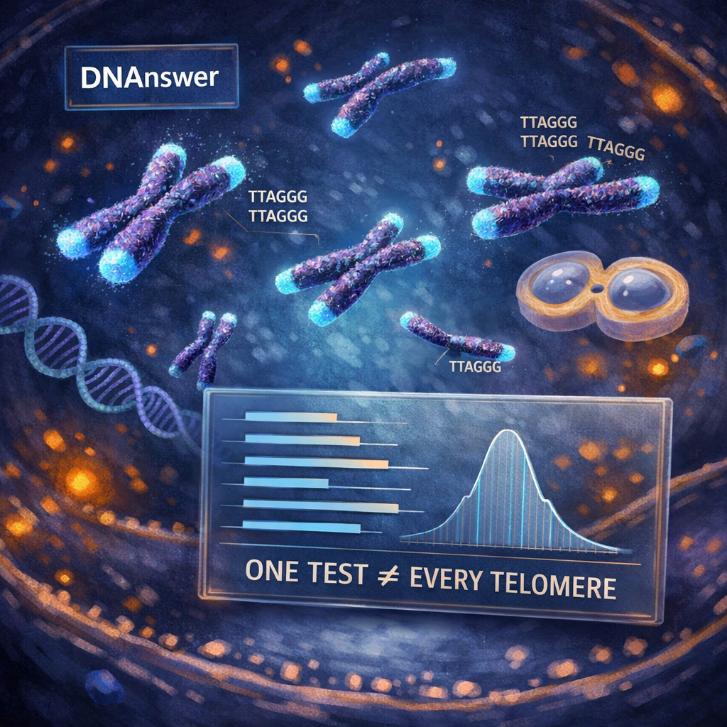 Scientific cell nucleus shows chromosomes with varied telomeres, DNA annotations, and measurements explaining telomere aging.