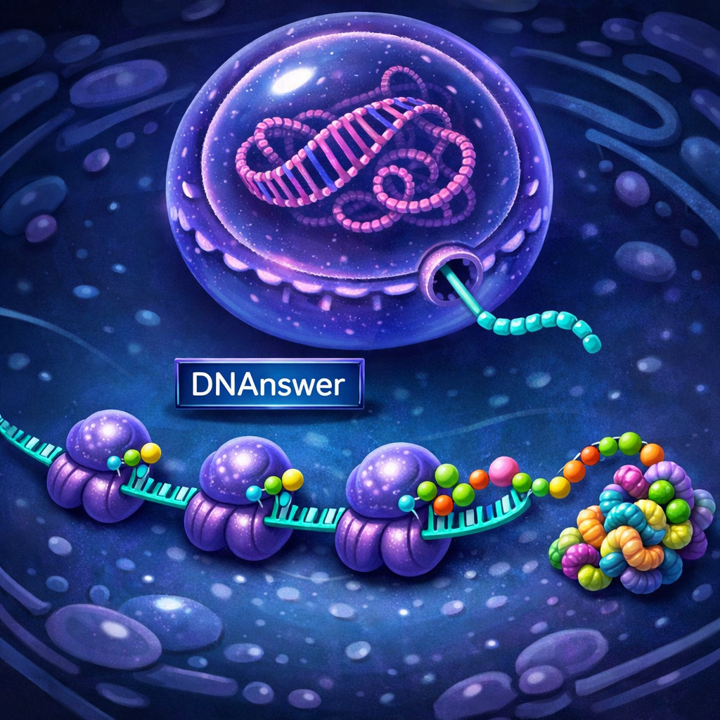 Microscopic diagram of DNA in a nucleus and mRNA ribosomes building proteins in cytoplasm, illustrating translation definition biology