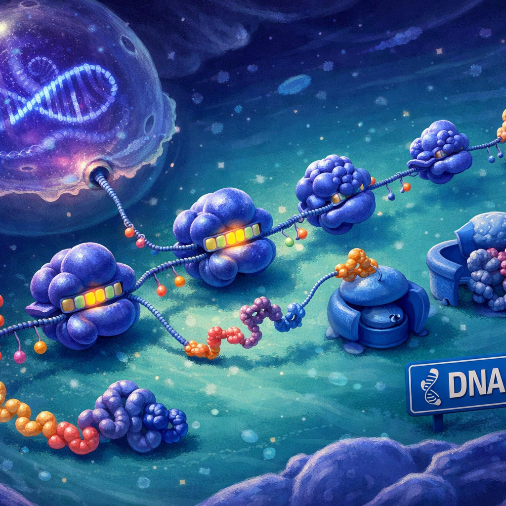 Cell interior showing mRNA translation, polysomes, tRNAs, and varied protein folding; translation definition biology visual.