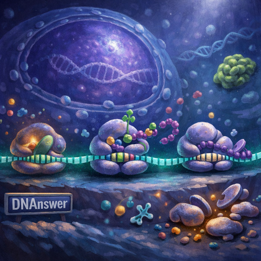Painterly cell tableau showing mRNA translation, ribosomes, tRNAs, protein synthesis, stalled complexes, and nucleus; translation definition biology