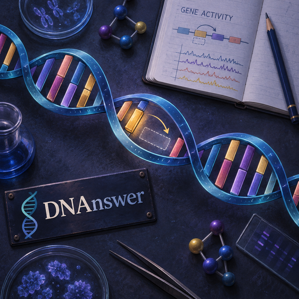 Illustrated DNA sequence with a repositioned amber gene segment, suggesting transposons jumping genes beside an open “GENE ACTIVITY” notebook.
