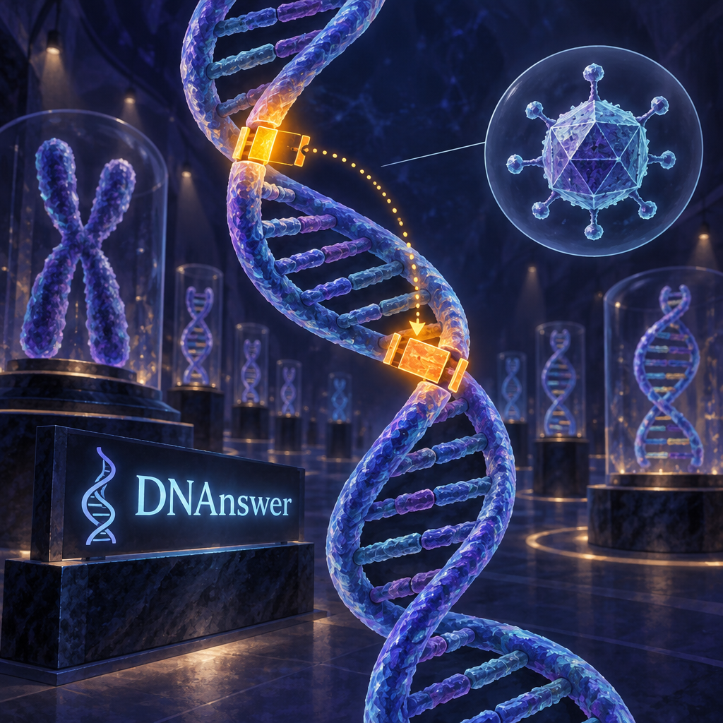 Amber transposons jumping genes move along a large DNA helix, shown separately from a floating virus particle in a cool-toned scientific scene.