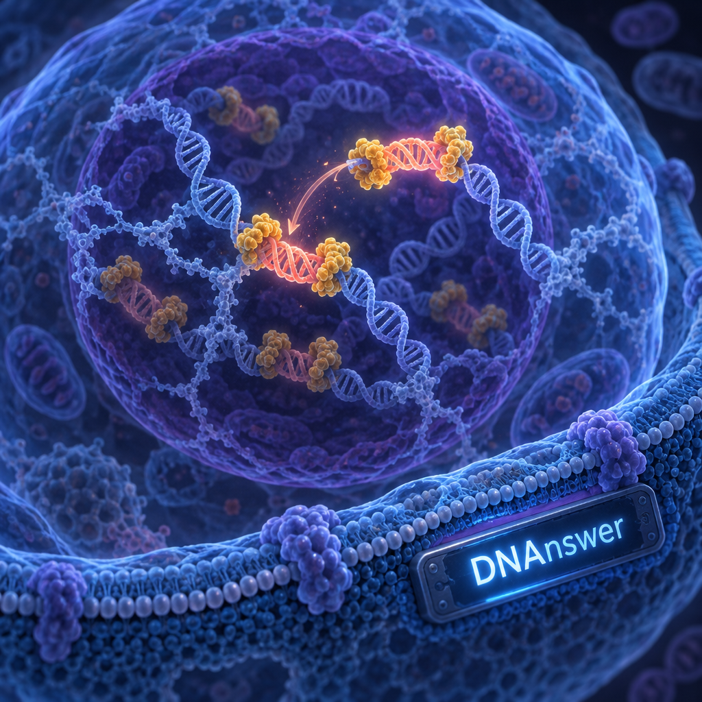 Blue cell with a violet nucleus, where coral transposons jumping genes move along DNA amid amber silencing proteins.