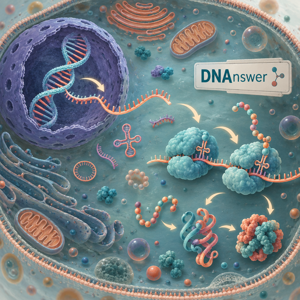 Overhead cell illustration of DNA, RNA, ribosomes, and folding proteins linked by arrows, illustrating what is molecular biology.