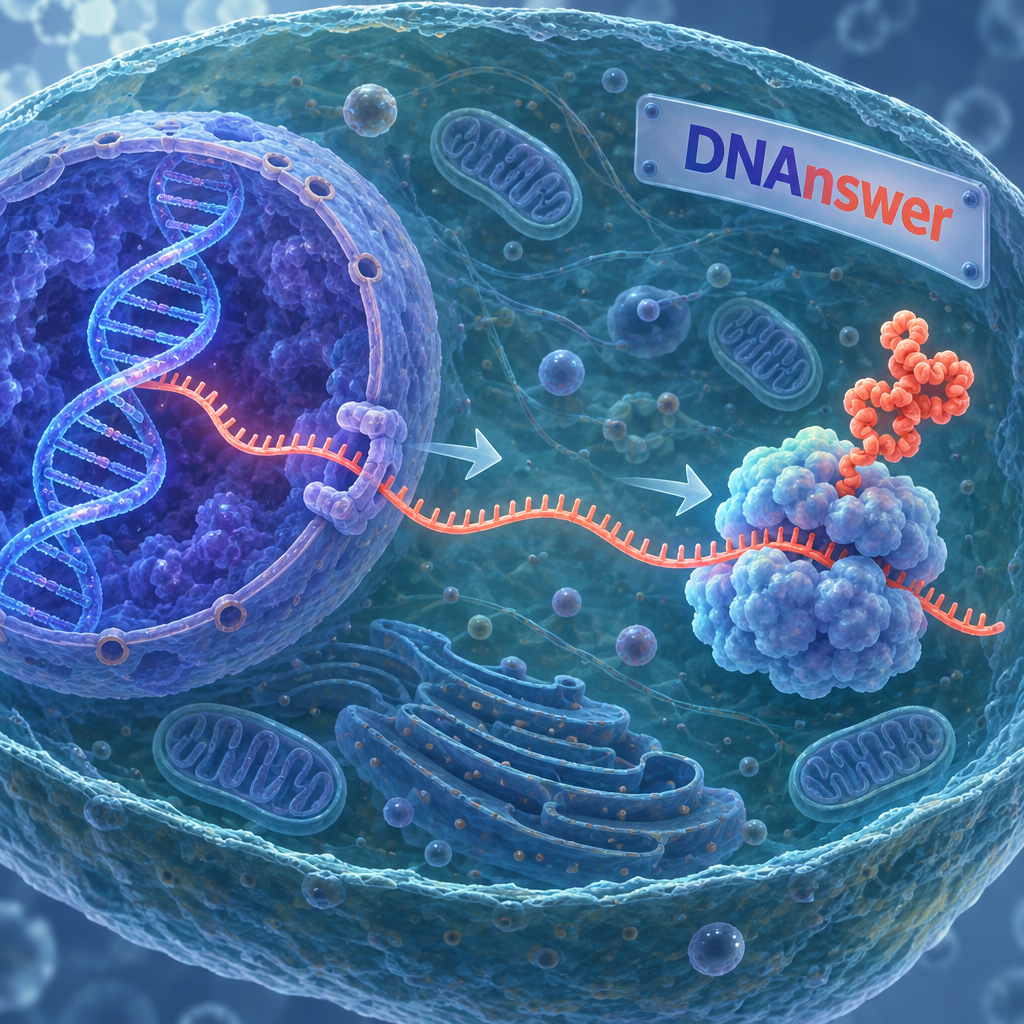 Cell diagram showing DNA in the nucleus, messenger RNA crossing the membrane, and a ribosome folding a protein—what is molecular biology.
