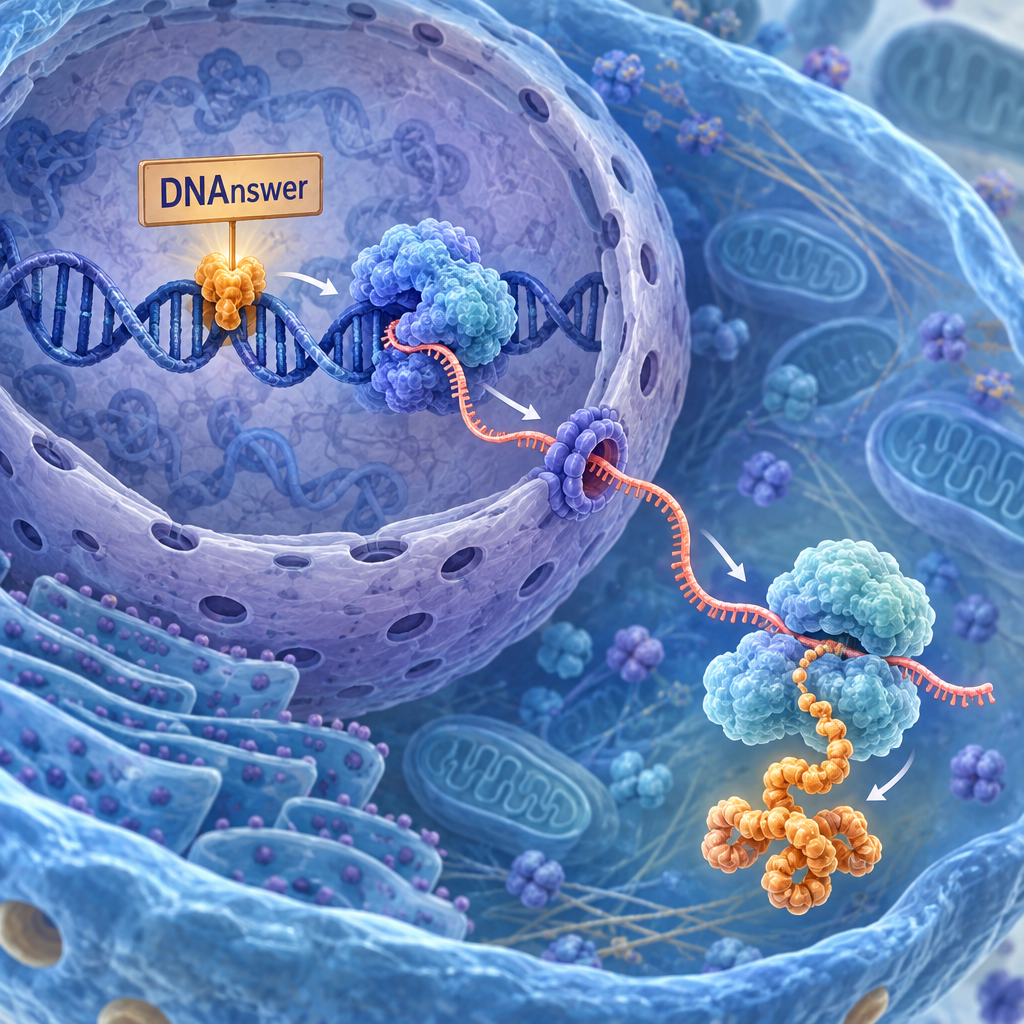 Cell illustration shows DNA transcribed into mRNA, which exits the nucleus and guides protein formation—what is molecular biology.