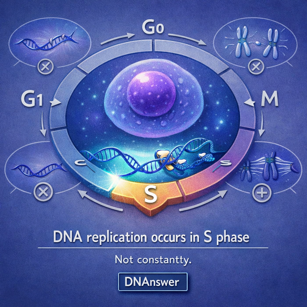 Cell-cycle diagram highlights S phase DNA replication, answering “when does replication of dna occur,” with a glowing replication fork.