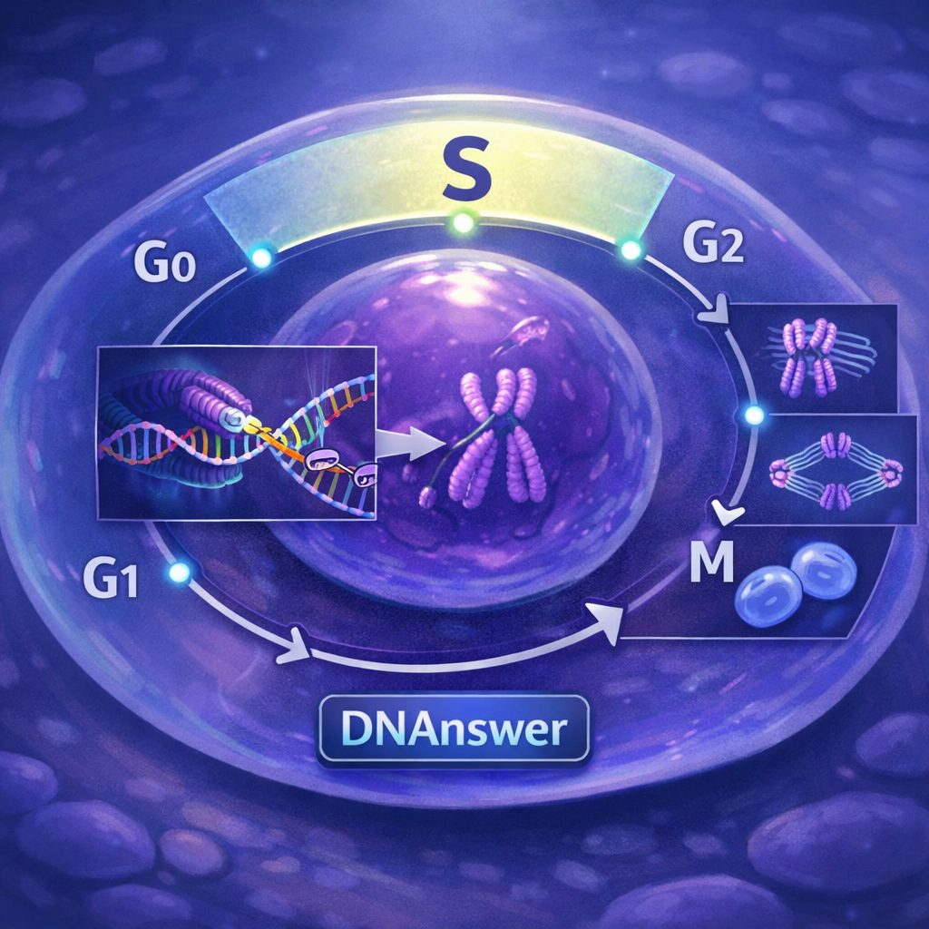 Cell-cycle diagram showing DNA replication in S phase, highlighted timeline, checkpoints, replication fork, chromatids, and mitosis; when does replication of dna occur