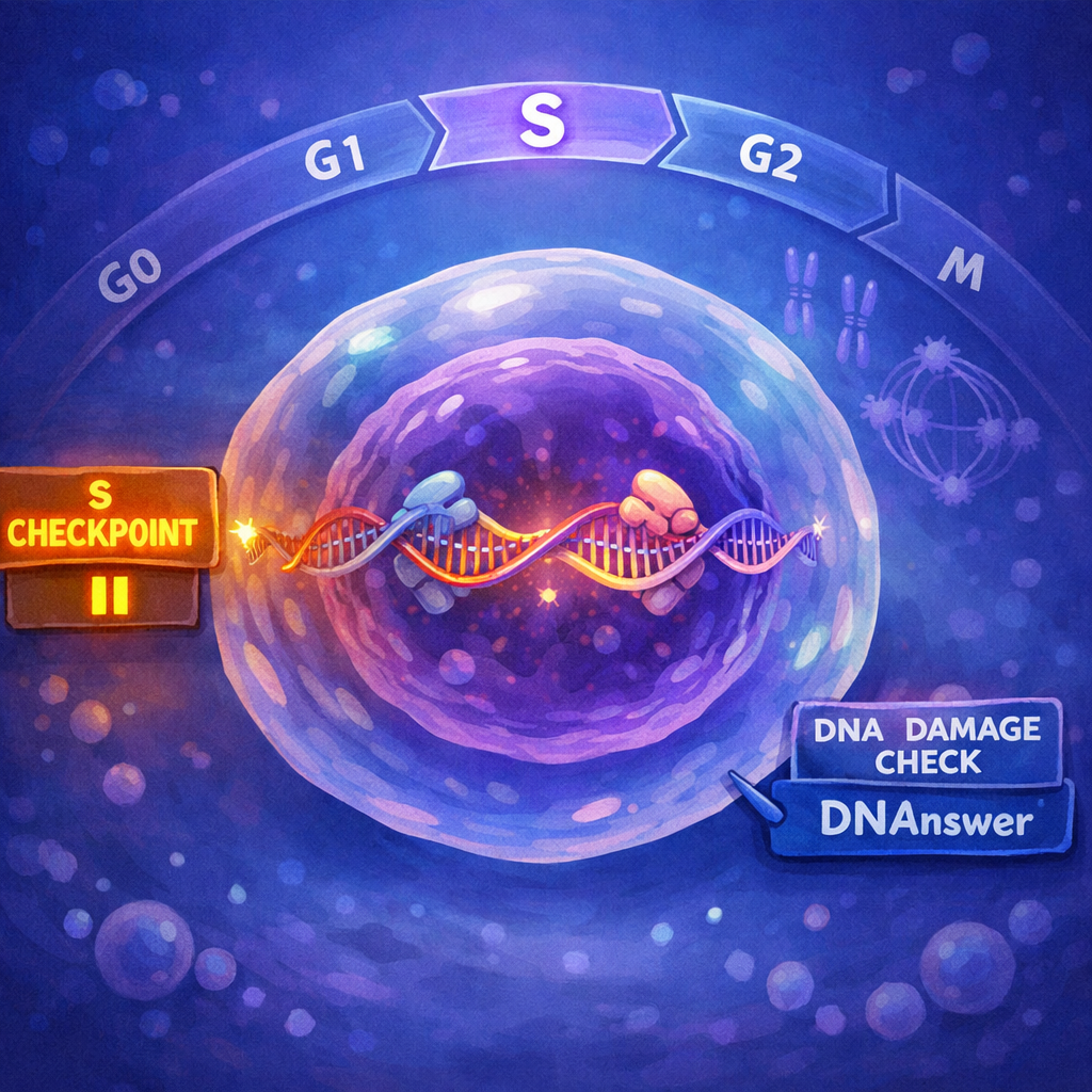Eukaryotic cell showing S-phase DNA replication, checkpoints, and cell-cycle timeline; when does replication of dna occur?